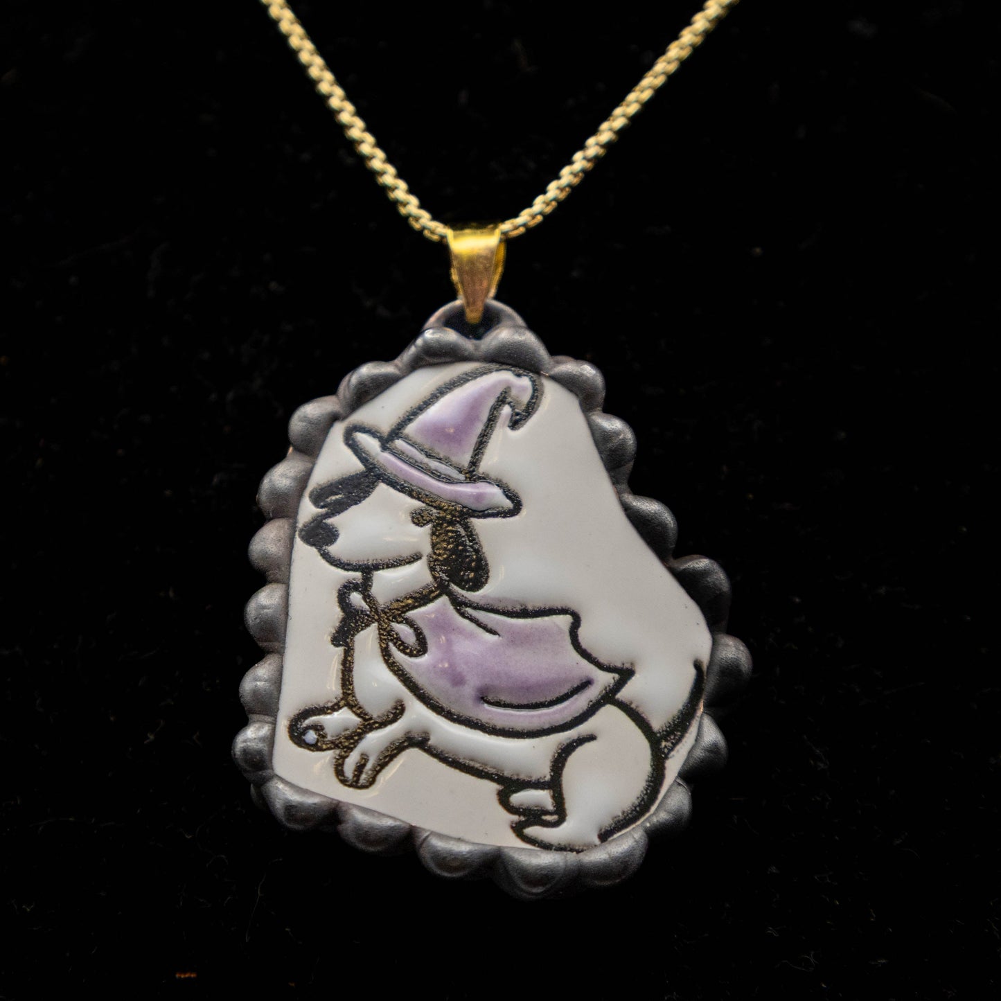 Halloween Dachshund Dressed as Witch Necklace. (Black Trim with Gold Colored Chain)
