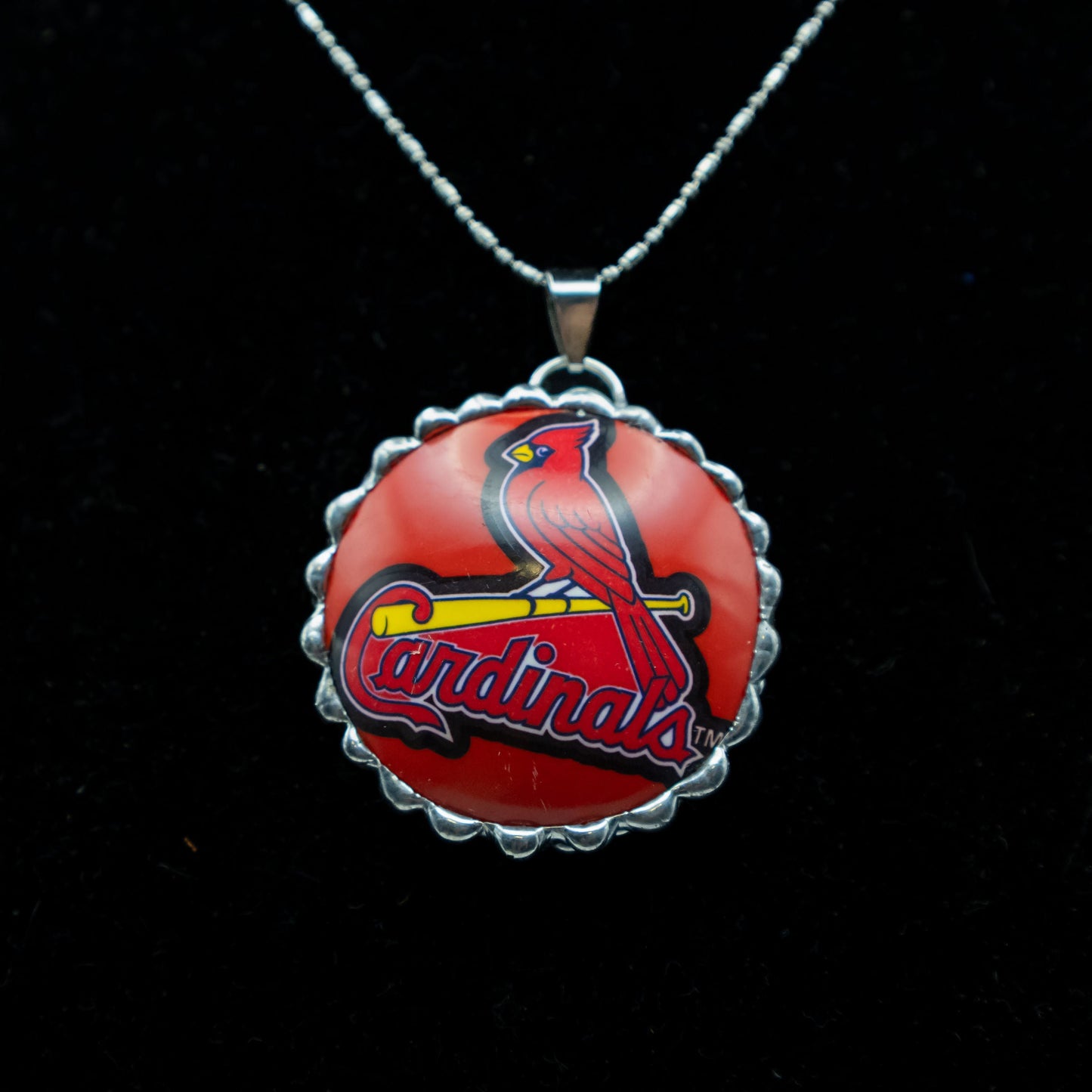 Cardinals Baseball Pool Ball Necklace.