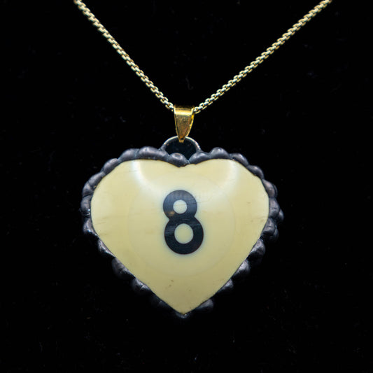 Eight Ball Heart Shaped Pool Ball Necklace.  (Black Trim with Gold Colored Chain)