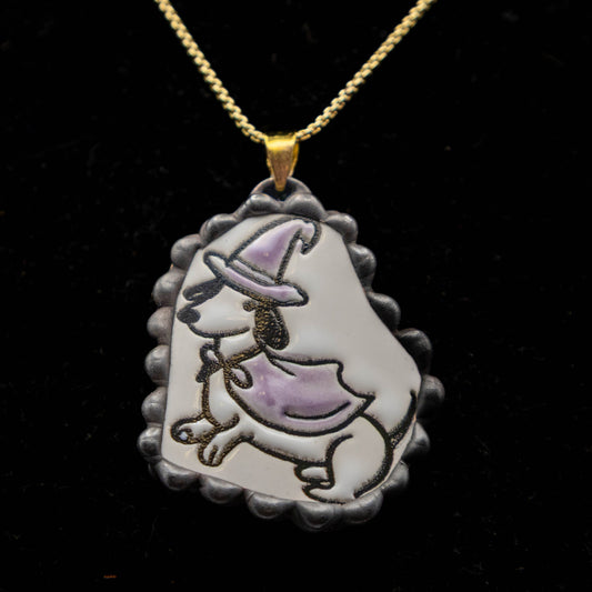 Halloween Dachshund Dressed as Witch Necklace.  (Black Trim with Gold Colored Chain)