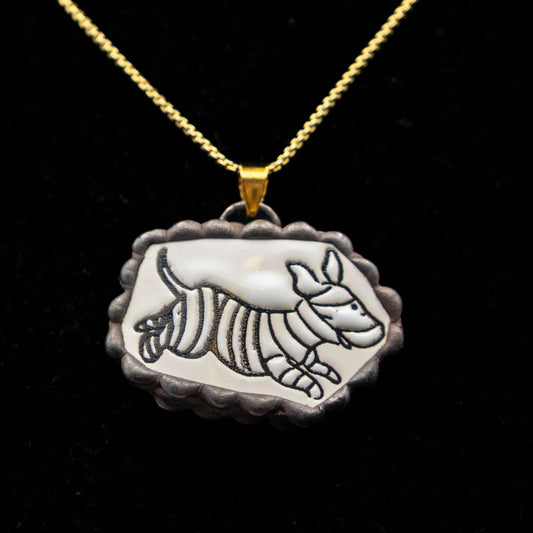 Halloween Dachshund Dressed as Mummy Necklace.  (Black Trim with Gold Colored Chain)