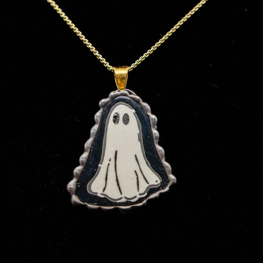 Halloween Ghost Necklace.  (Black Trim with Gold Colored Chain)