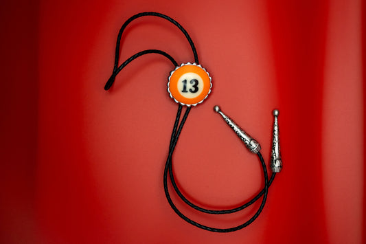 #13 Orange Pool Ball with Black Leather Bolo.