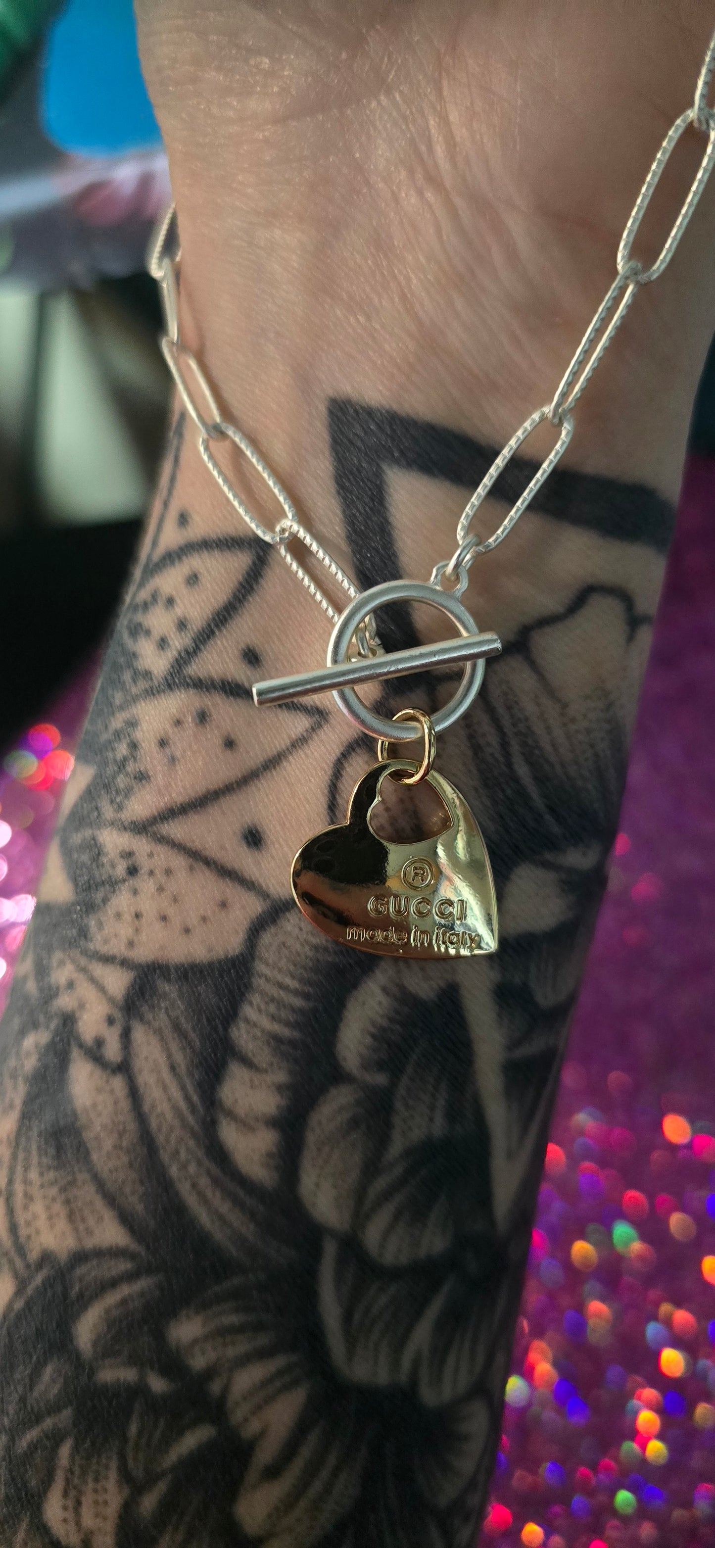 Gu**i Gold Metal Heart w/ Silver Metal Necklace