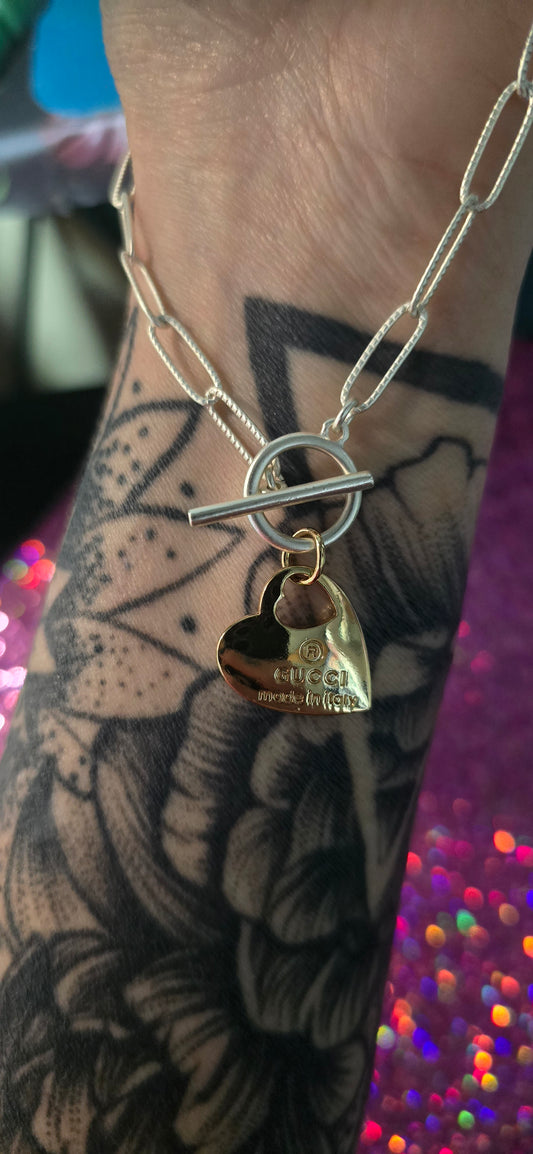 Gu**i Gold Metal Heart w/ Silver Metal Necklace