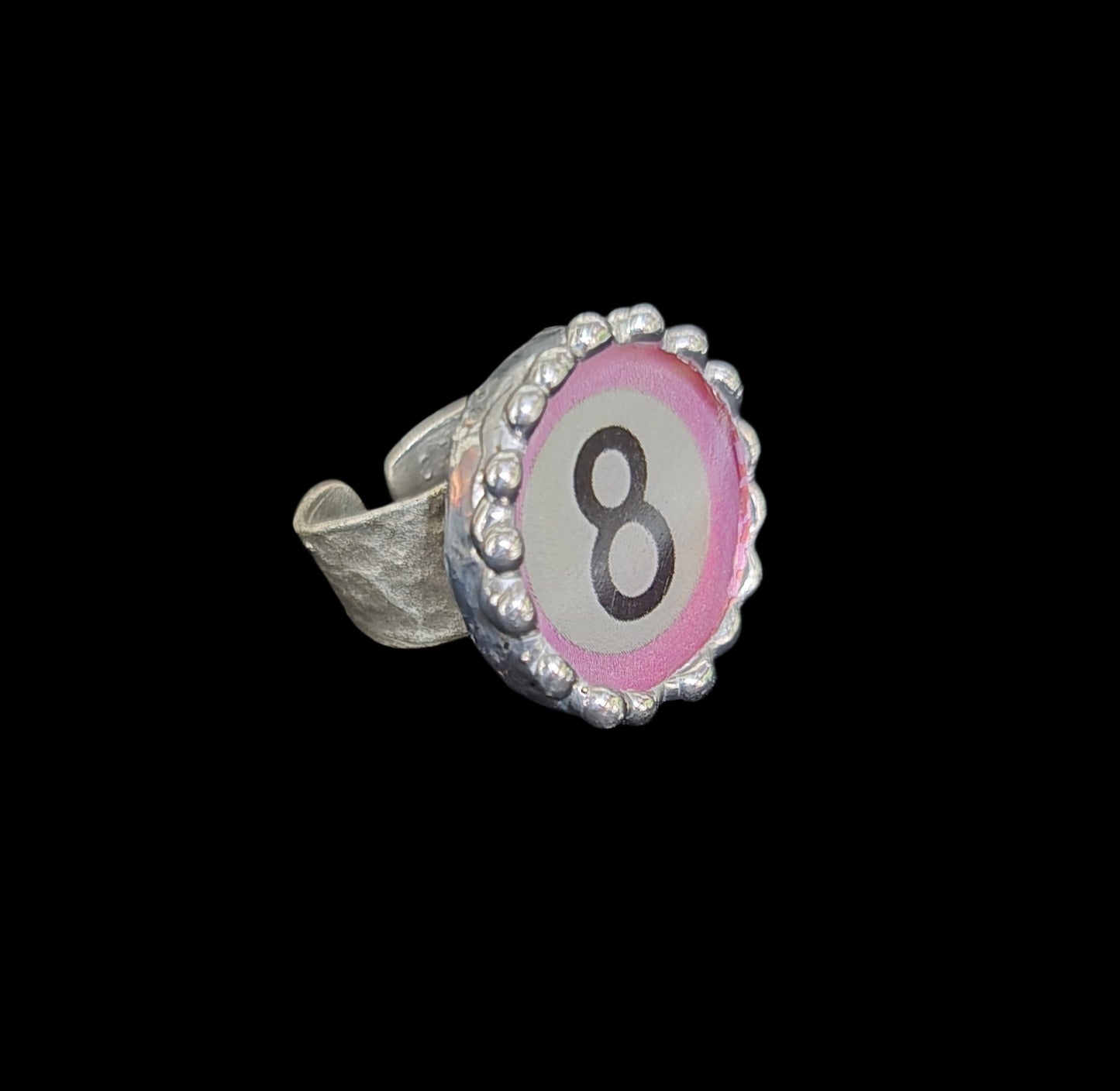 Adjustable pink 8 ball ring